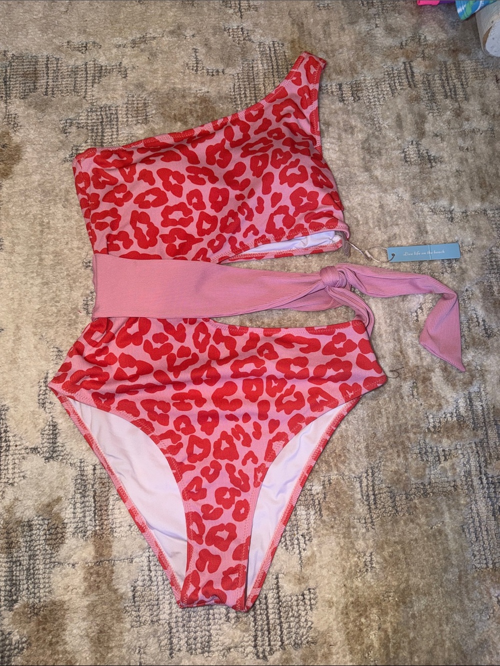 Womens One-Shoulder Pink Animal Print Swimsuit with Waist Tie